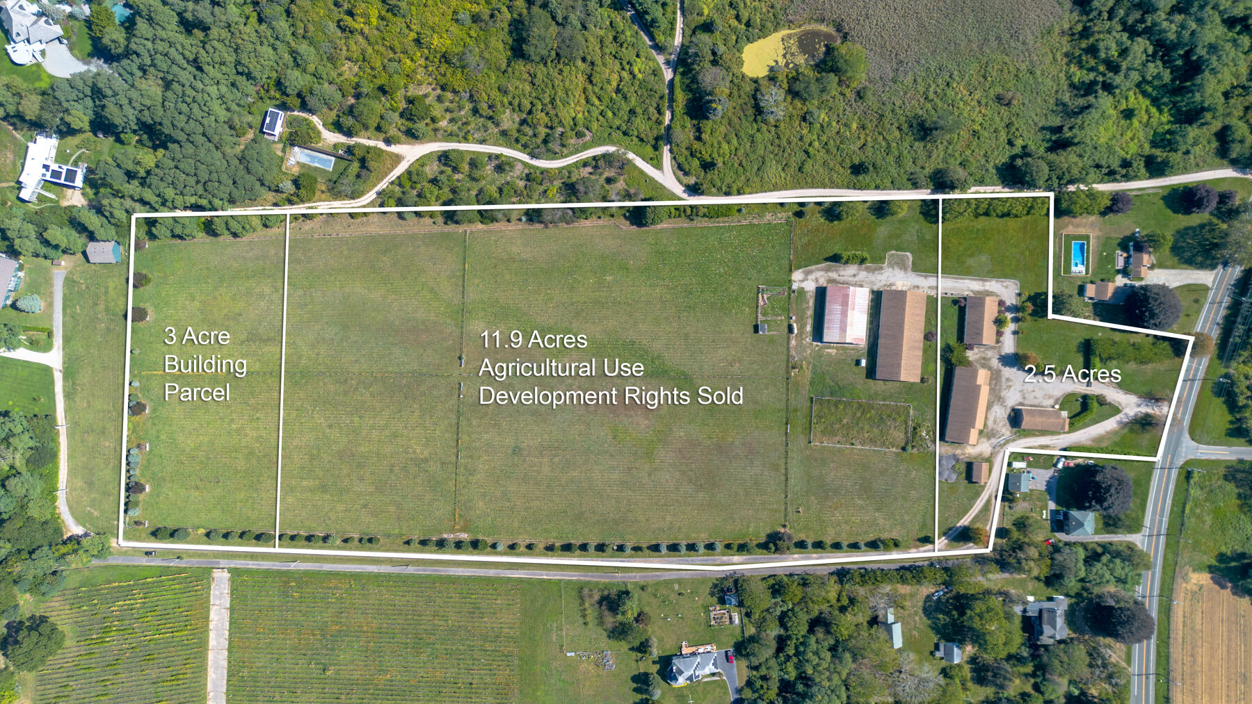 Aerial photograph of the property with the three parcels labeled — 3 Acre Building Parcel, 11.9 Acres Agricultural Use, 2.5 Acres