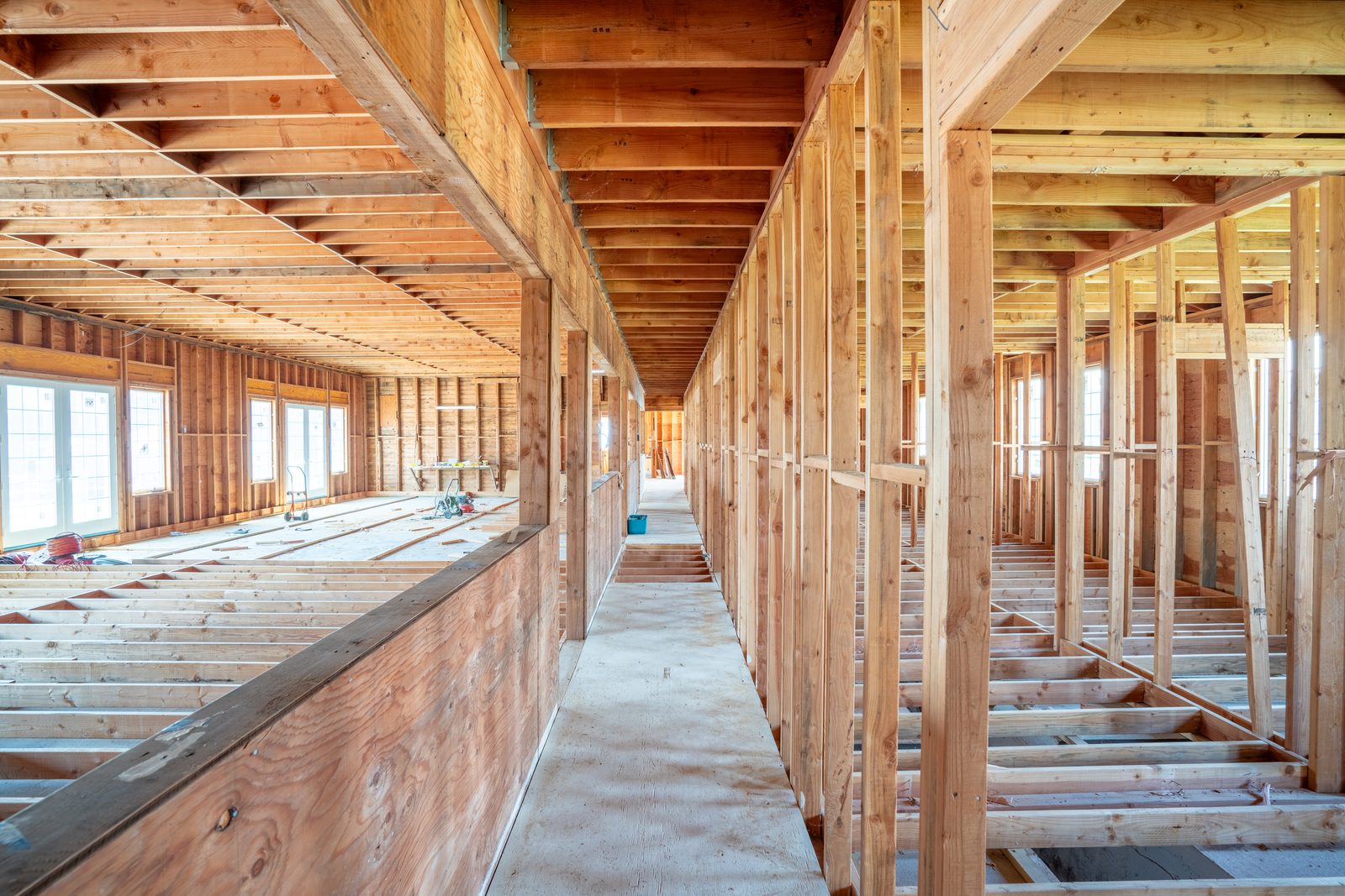 The hallway as it stands today — framed construction