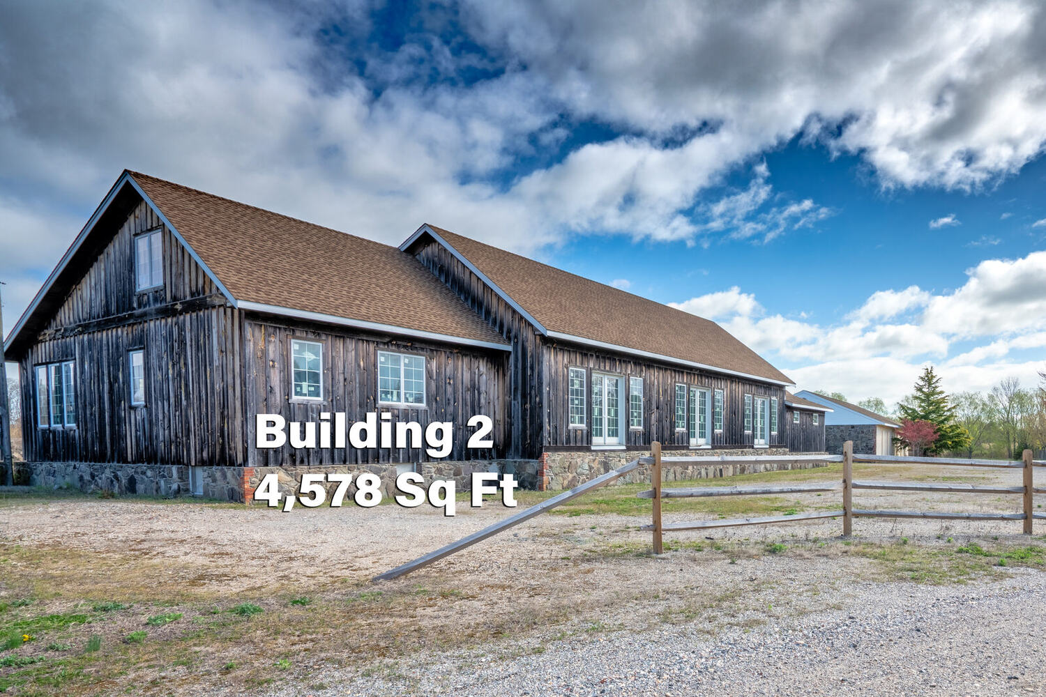 Exterior of Building 2, a 4,578 square foot barn on Lot 1