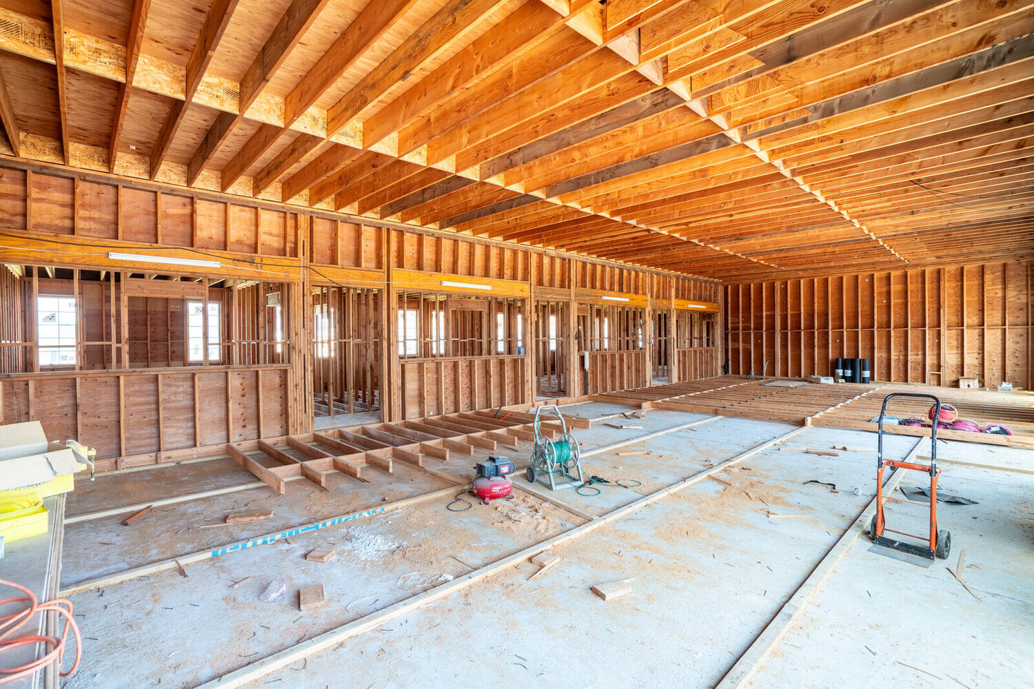 Framed interior of Building 2, ready for buildout