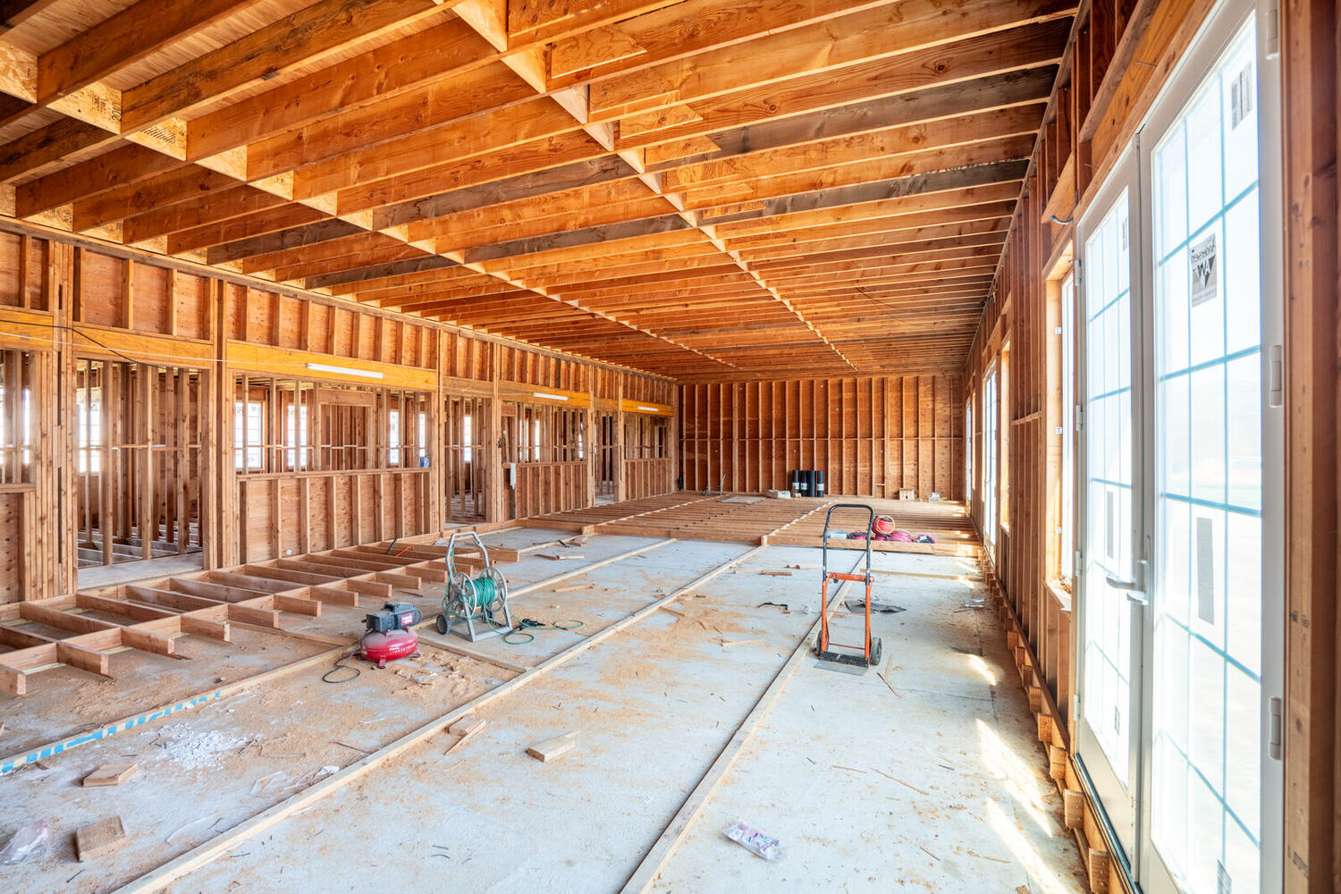 Framed interior of Building 2 with glass doors bringing in natural light