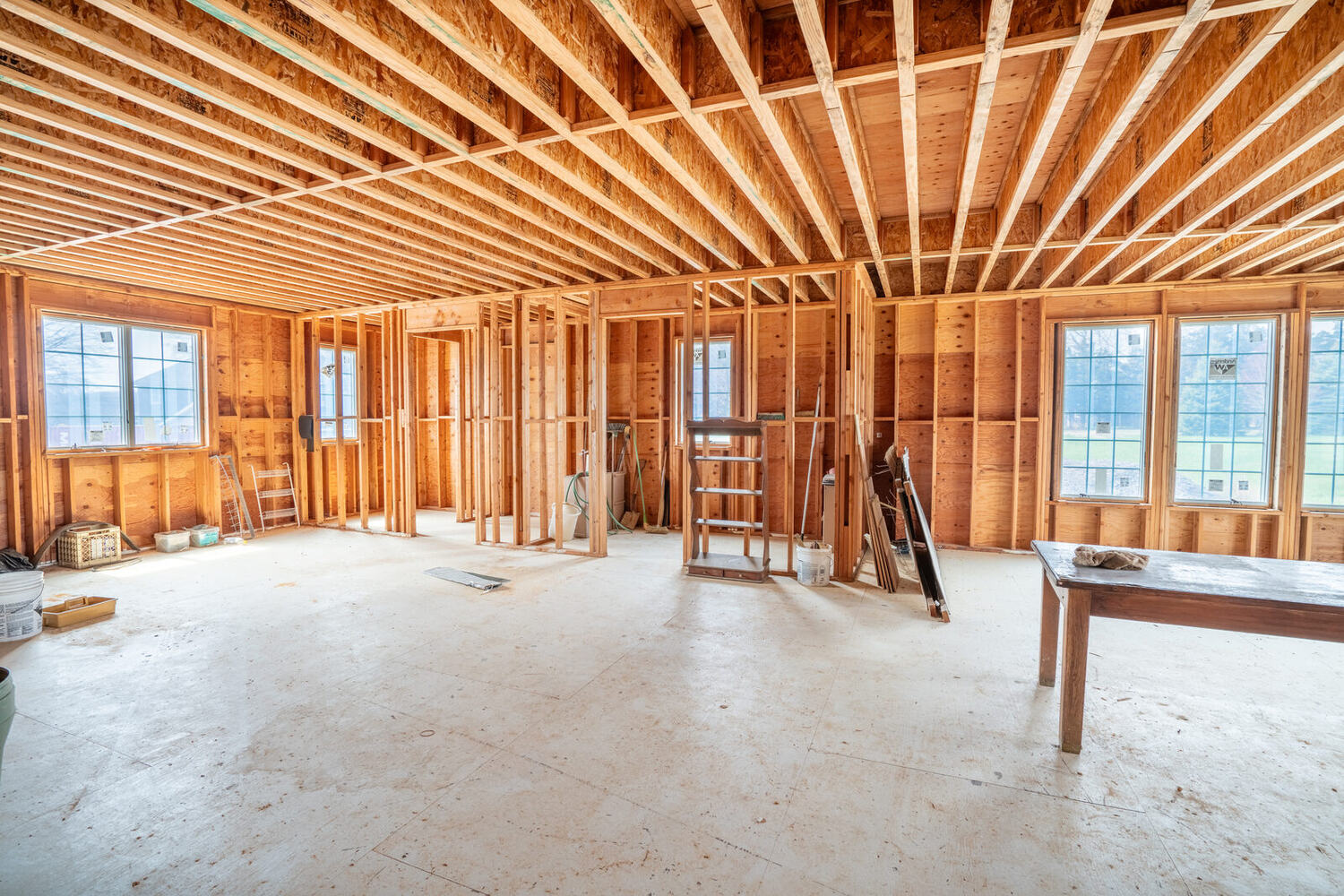 Open-stud framed interior of Building 2