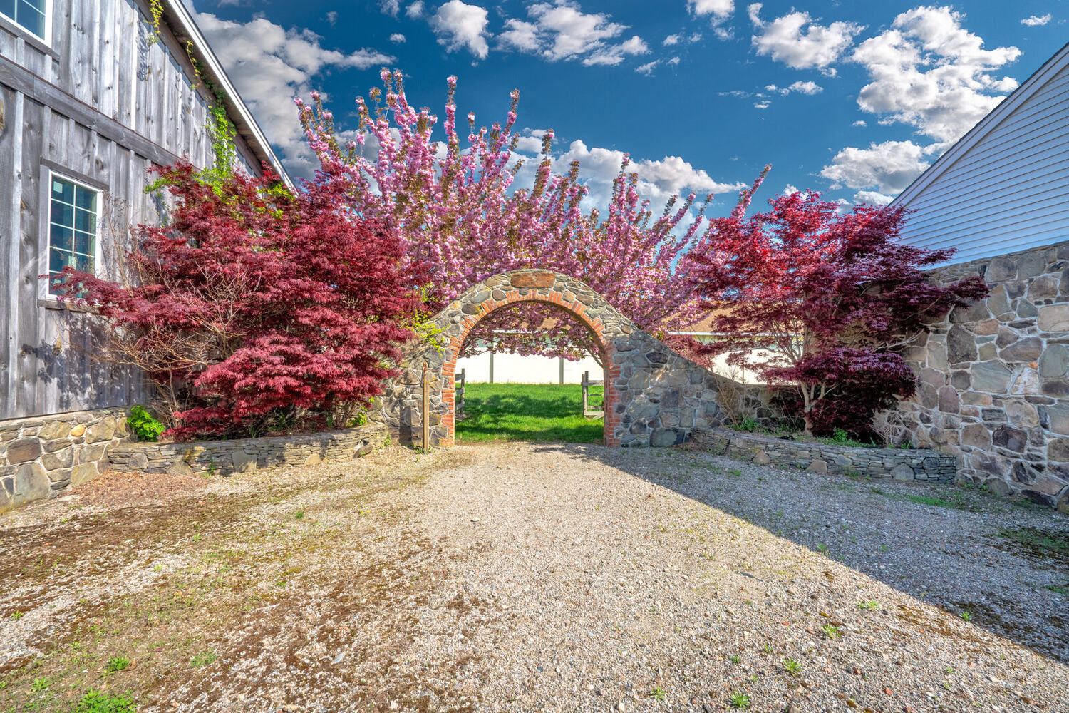 The stone arch framed by crimson spring blossoms