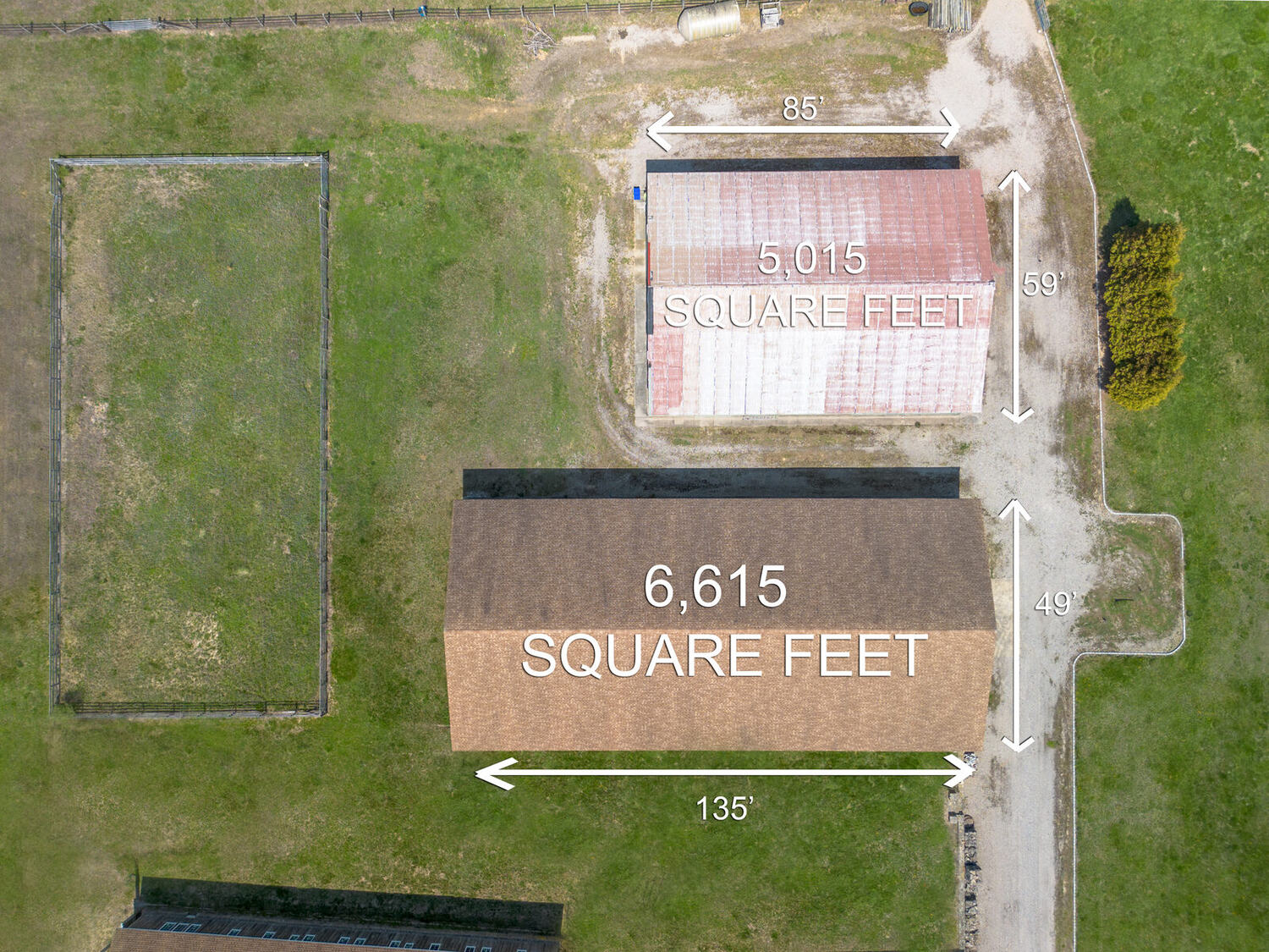 Aerial view of the 6,615 square foot riding arena and adjoining paddock