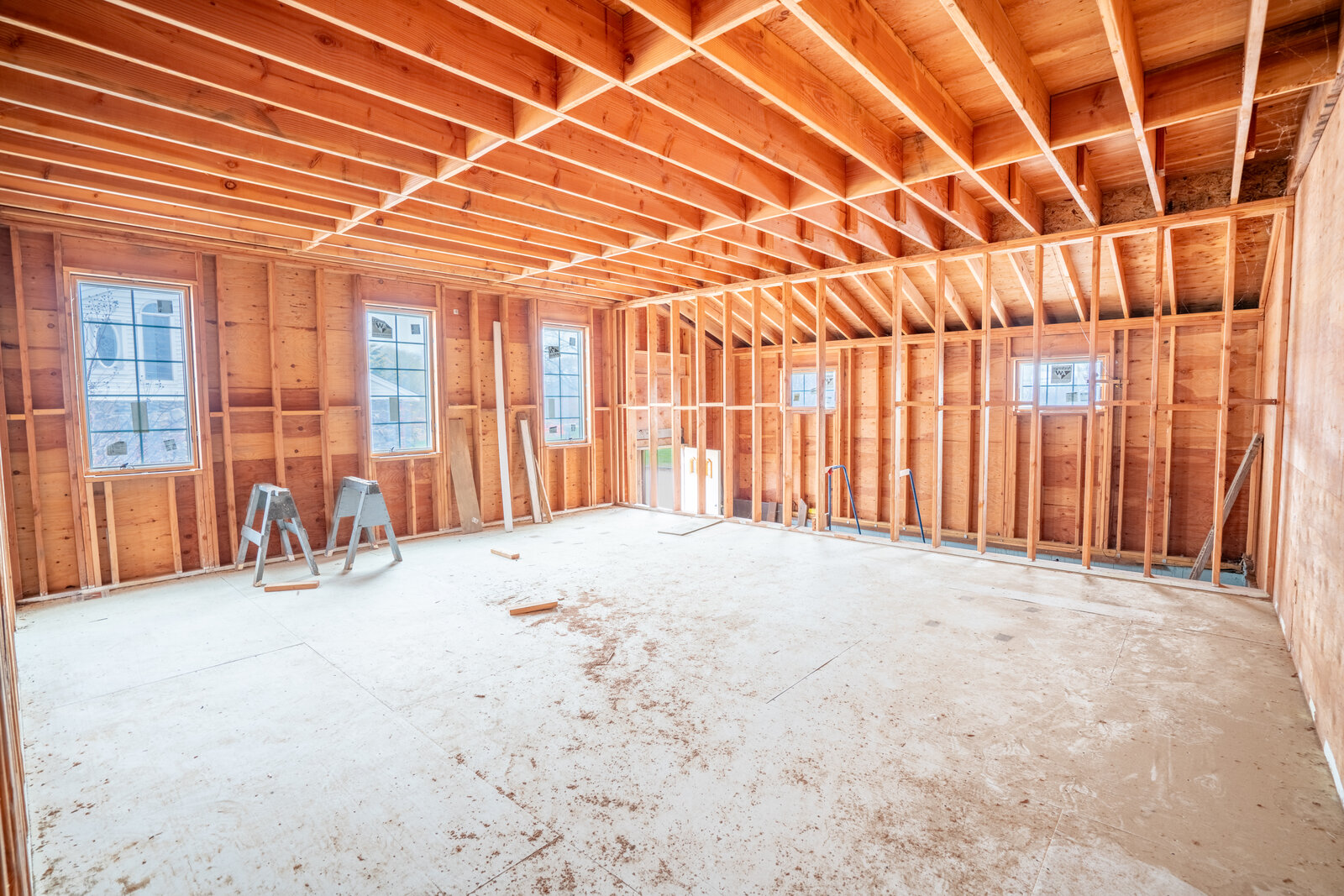 The renovated 4,578 sq ft multi-use barn — framed interior ready for residential conversion