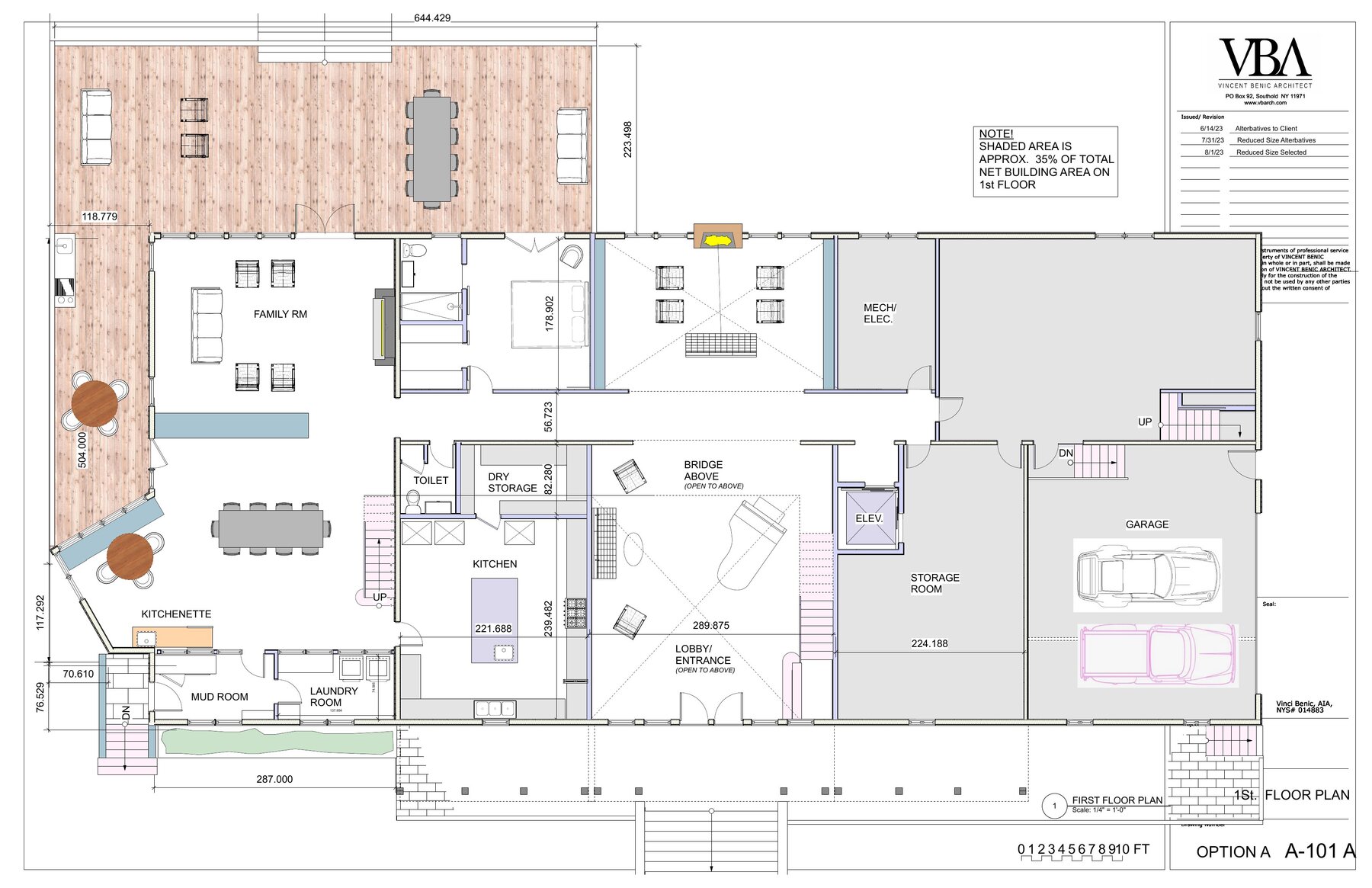 First floor plan: family room, kitchen, garage, mud room, mechanical, storage