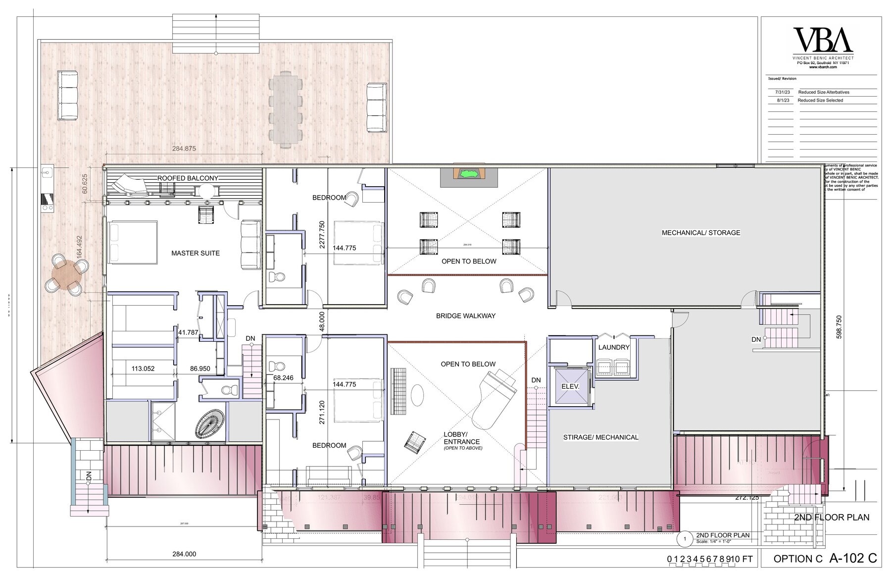 Second floor plan: master suite with roofed balcony, two bedrooms, elevator, bridge walkway