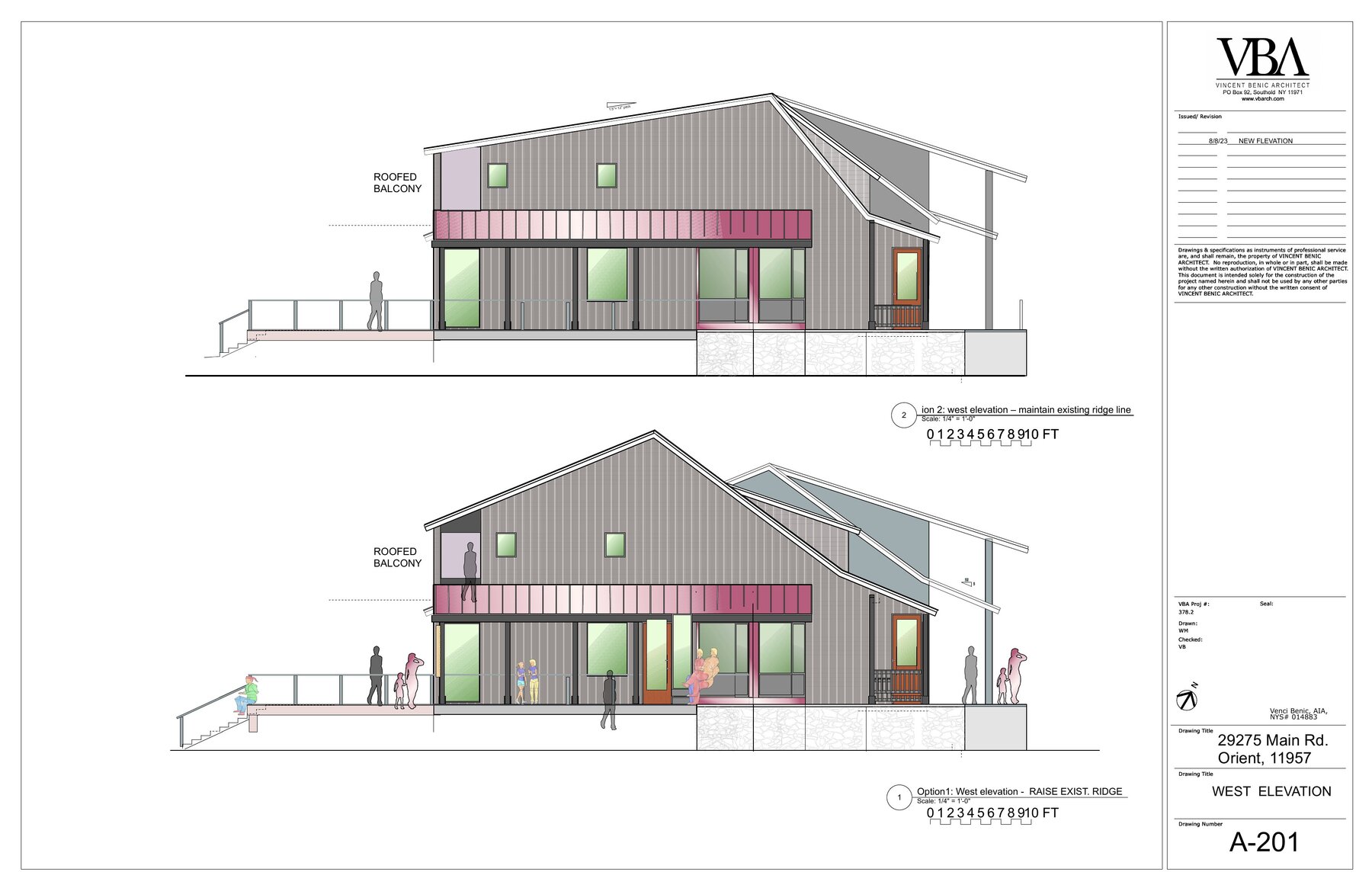 West elevation drawings showing two roofline options