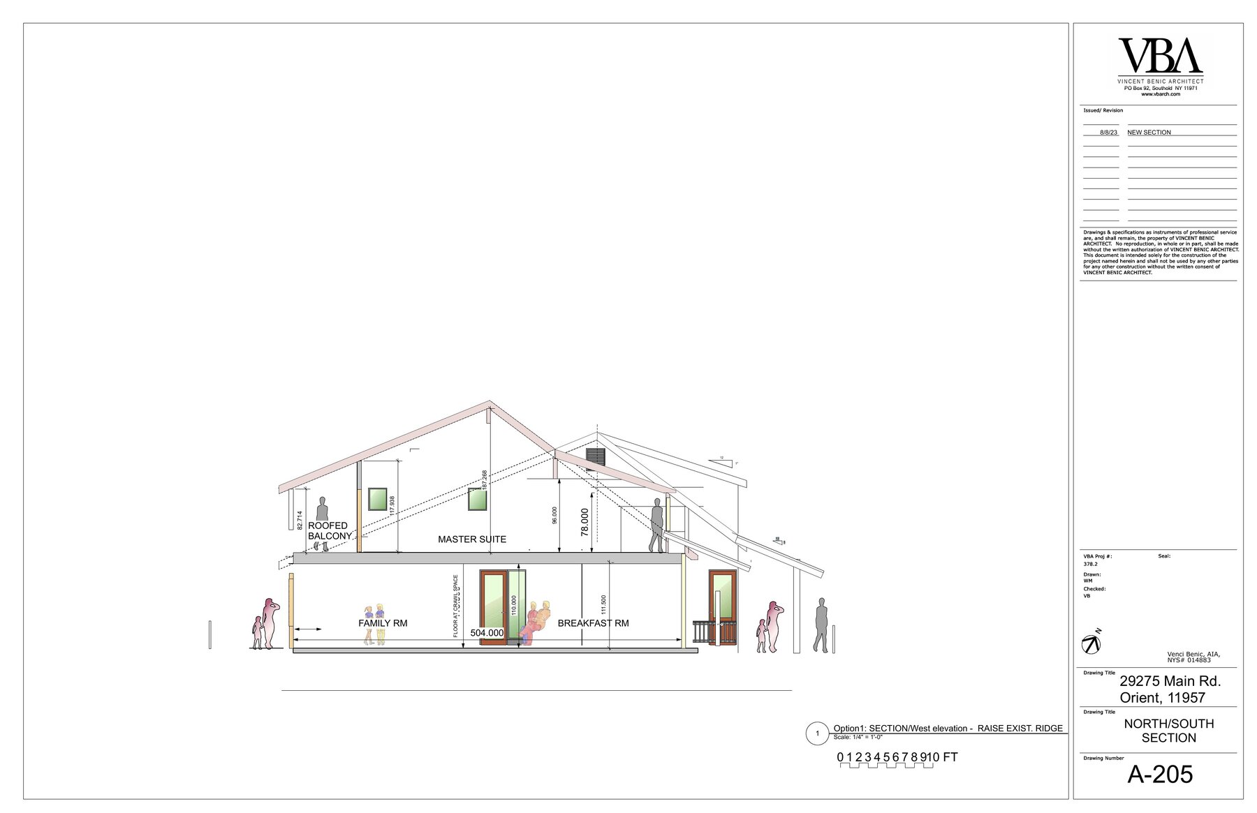 North-south cross section showing master suite, family room, and breakfast room